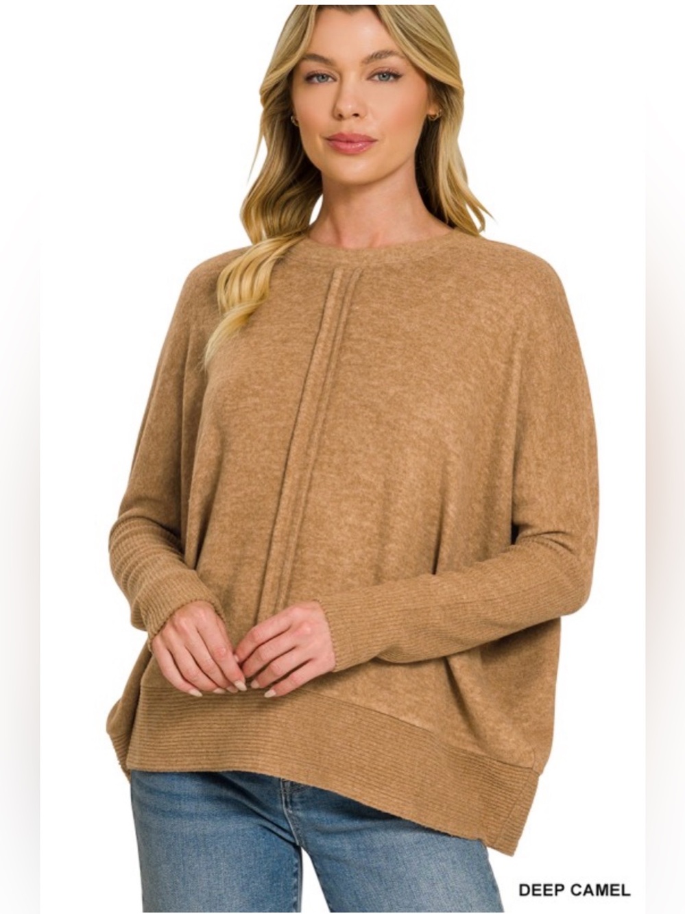 ZENANA Brushed Melange Hacci Center Seam Oversized Sweater - Deep Camel